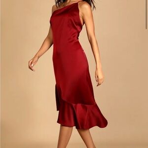 Lulus Elegant One Shoulder Wine Satin Dress